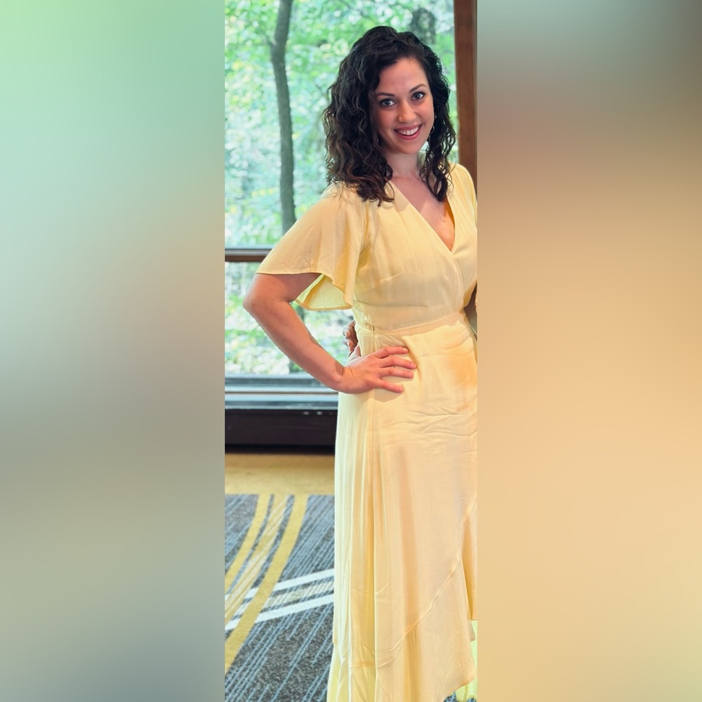 Light Yellow V-Neck Flutter Sleeve Wrap Dress Summer Spring Easter